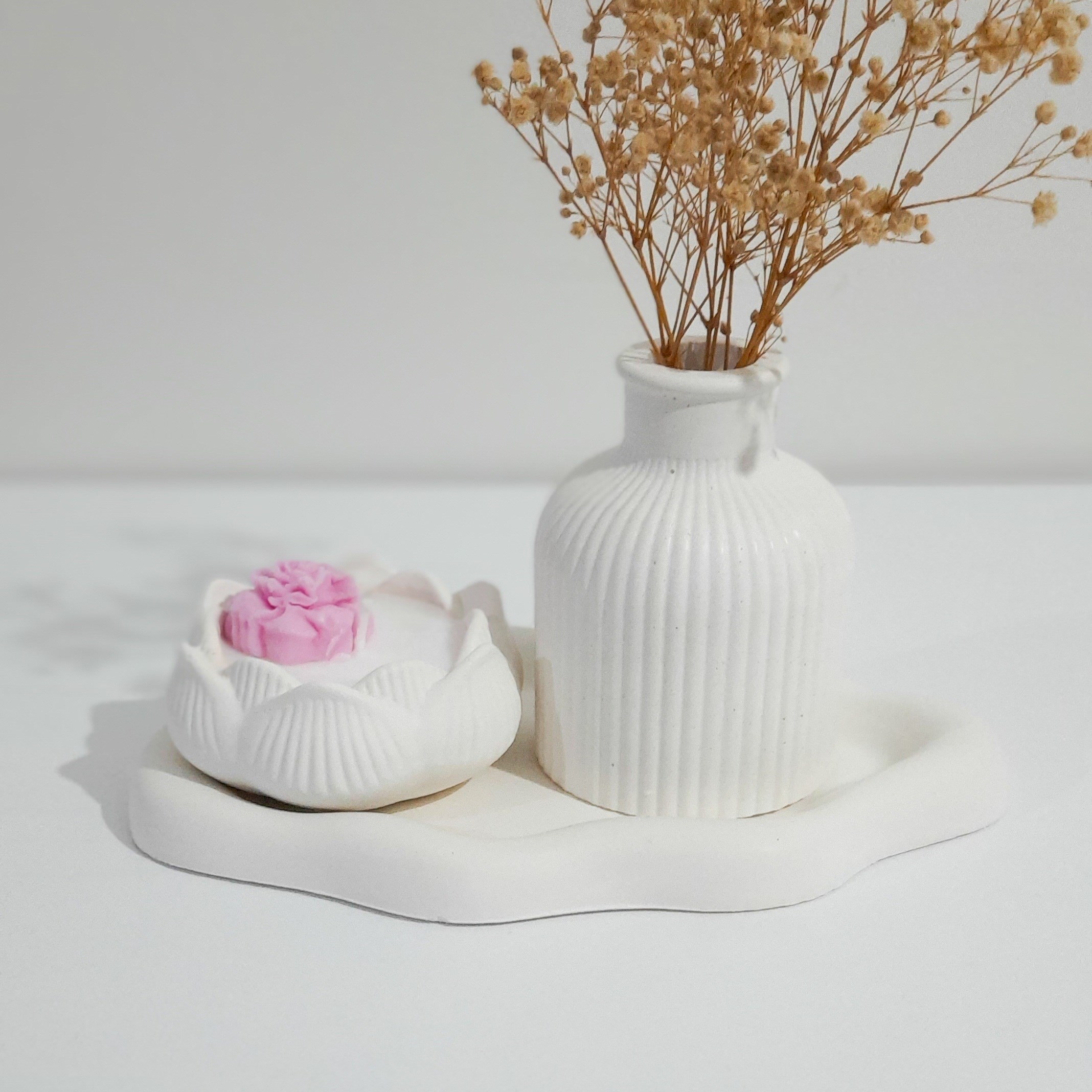 3 Parça Kokulu Soya Mum Bulut Tepsi ve Vazo Set