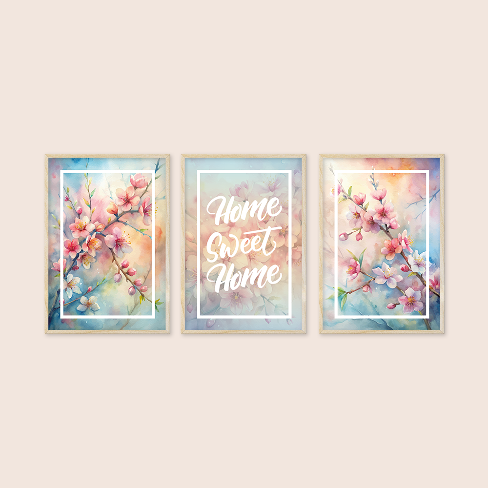 Bahar Dalları Home Sweet Home Yazılı 3'lü Tablo Seti