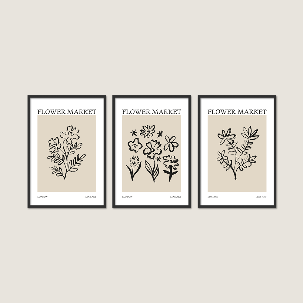 Flower Market London Line Art 3'lü Tablo Seti