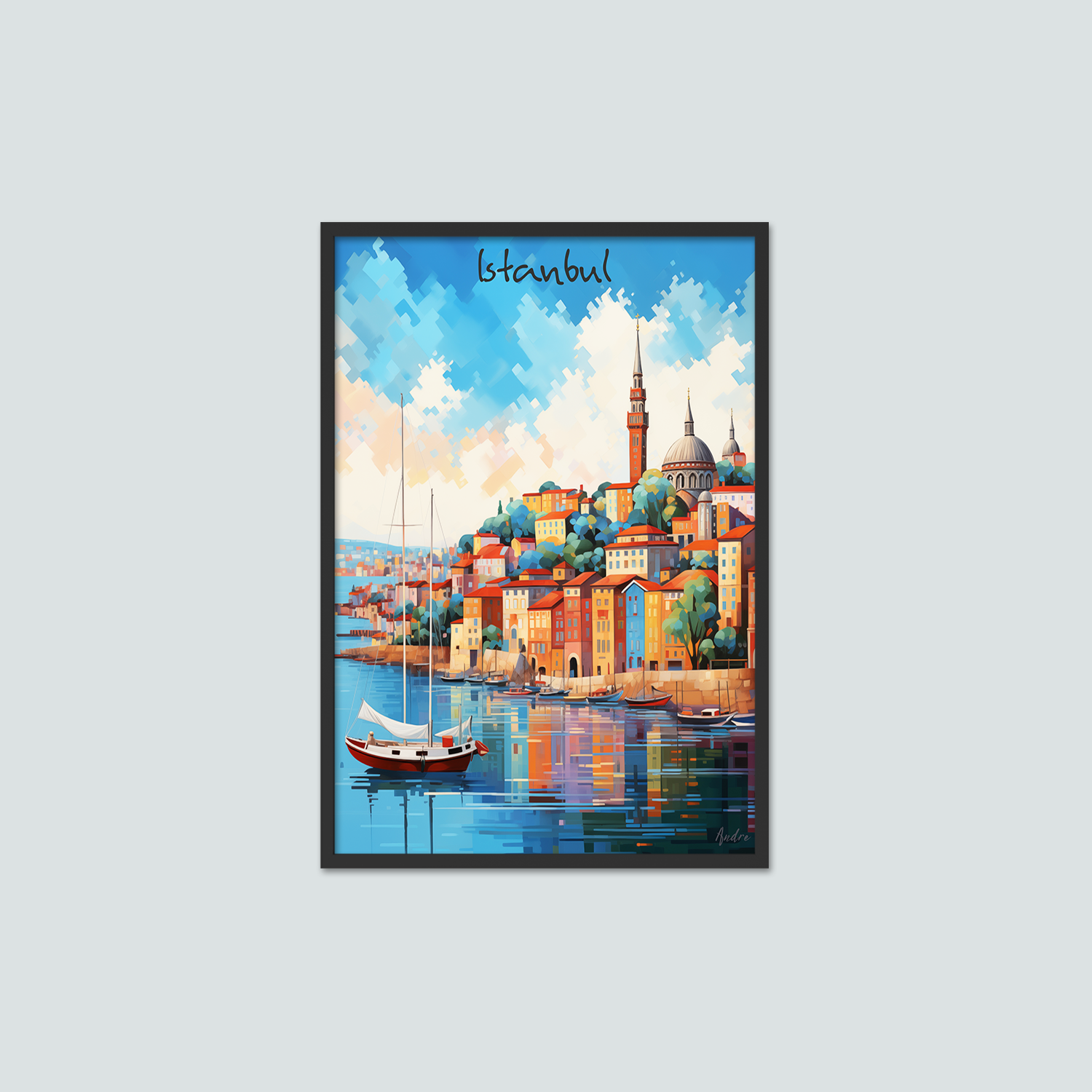 İstanbul Boğazı Renkli Şehir Manzarası Çerçeveli Tablo