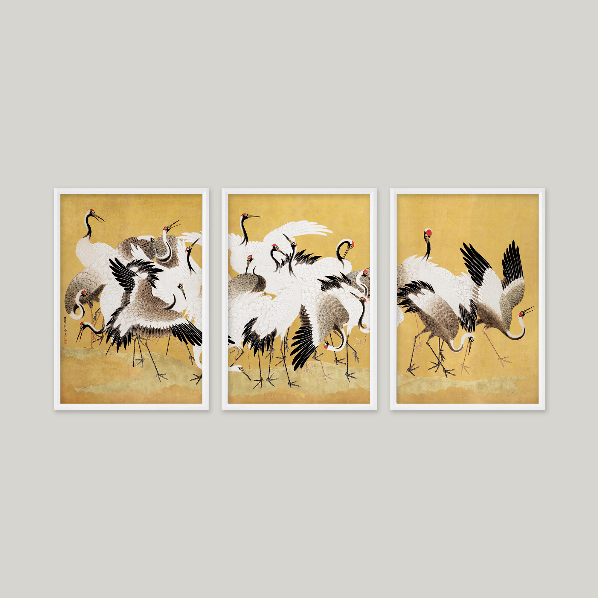 Japanese Flock of Cranes 18. Yüzyıl Ishida Yūtei Vintage Japon Turna Kuşları 3'lü Çerçeveli Tablo Seti