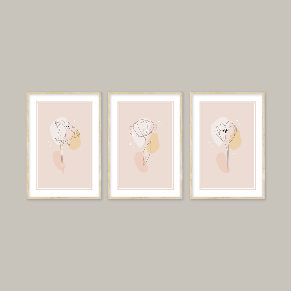 Minimalist Soyut Çiçekler 3'lü Tablo Seti