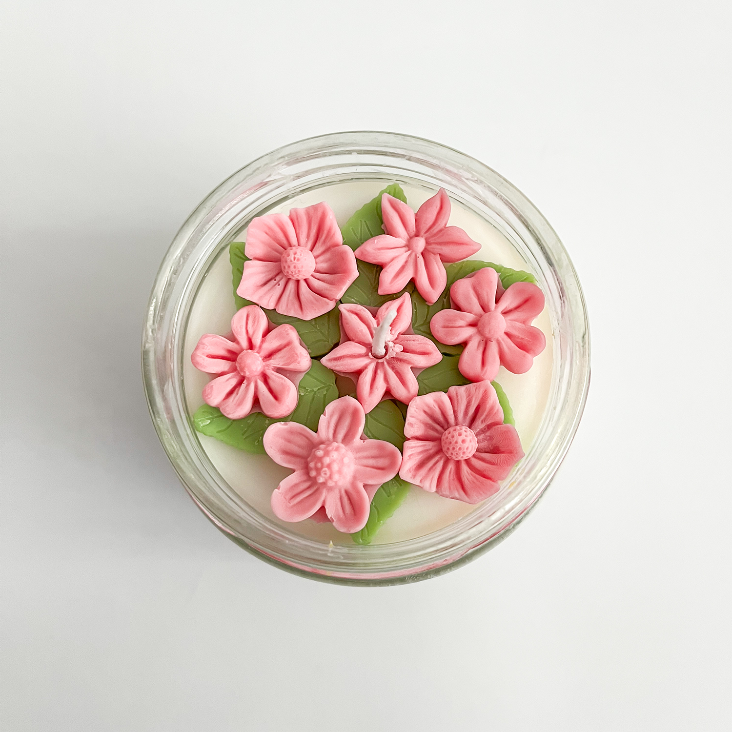 Pembe Çiçek Süslemeli Kavanoz Soya Mum