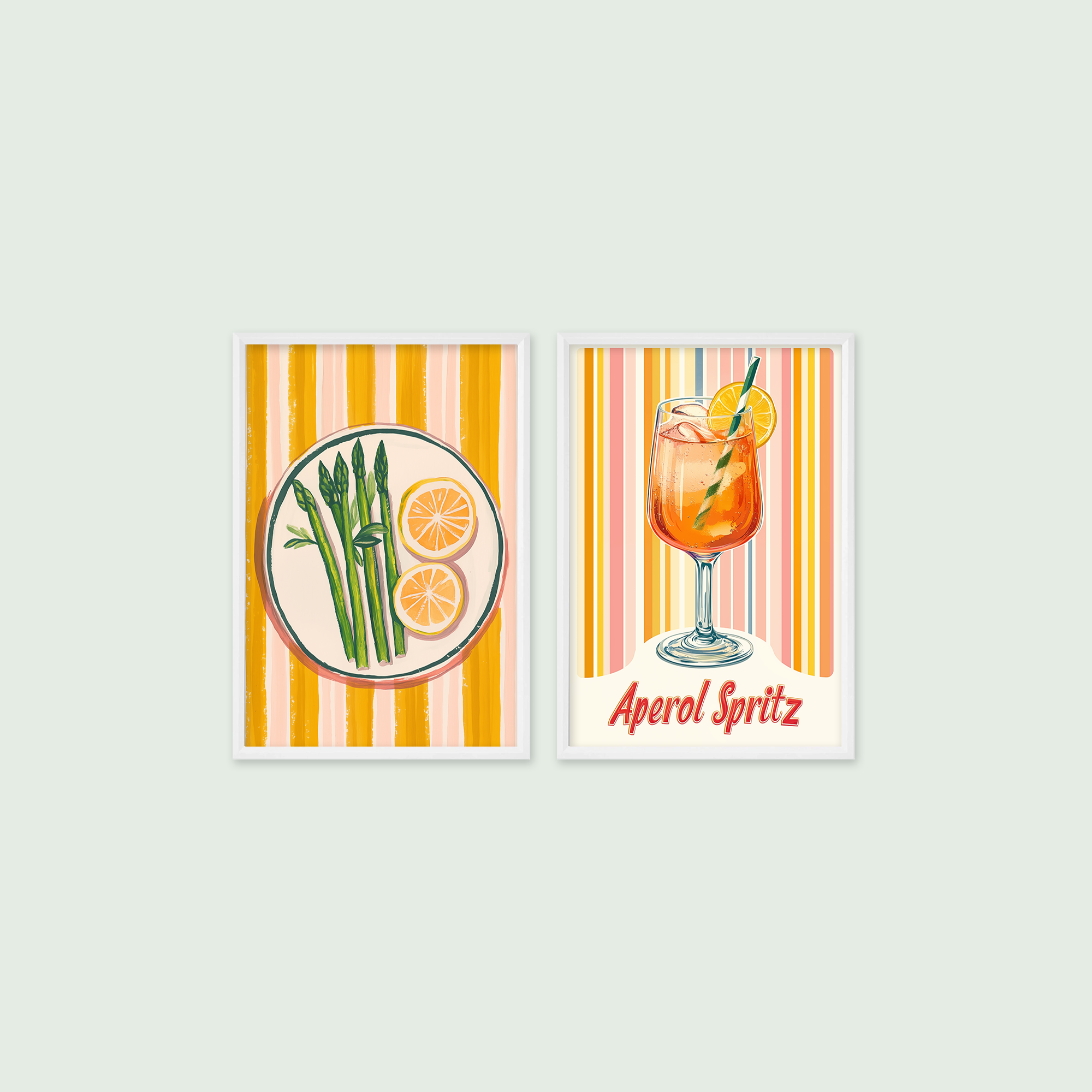 Retro Mutfak & Cafe - Aperol Spritz ve Sebze Temalı 2'li Tablo Seti