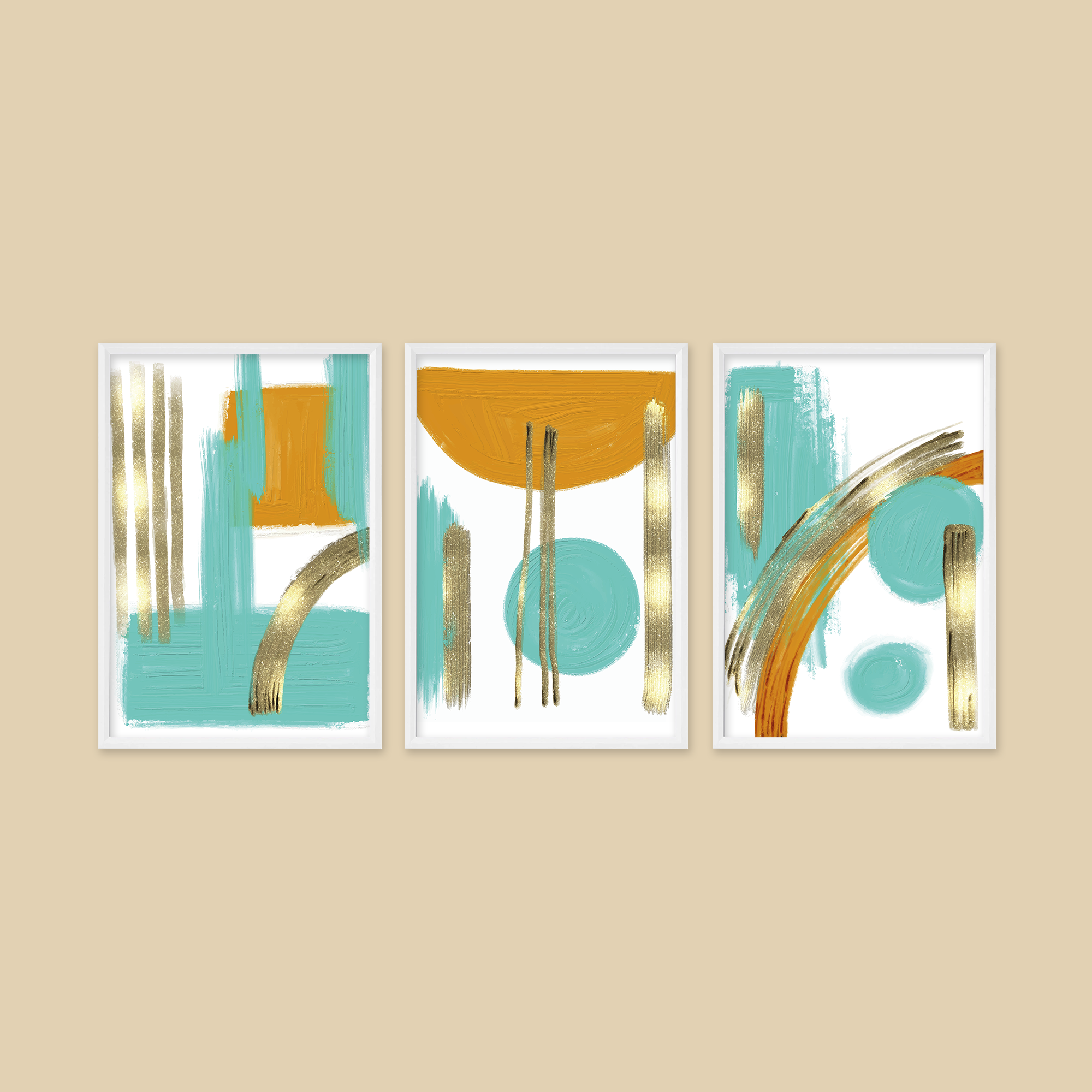 Water Color Orange Teal 3'lü Tablo Seti