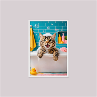 Banyolara Özel - Köpük Keyfi Şirin Kedi - Çerçeveli Banyo Tablosu