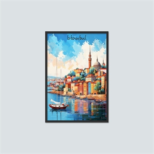 İstanbul Boğazı Renkli Şehir Manzarası Çerçeveli Tablo