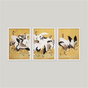 Japanese Flock of Cranes 18. Yüzyıl Ishida Yūtei Vintage Japon Turna Kuşları 3'lü Çerçeveli Tablo Seti