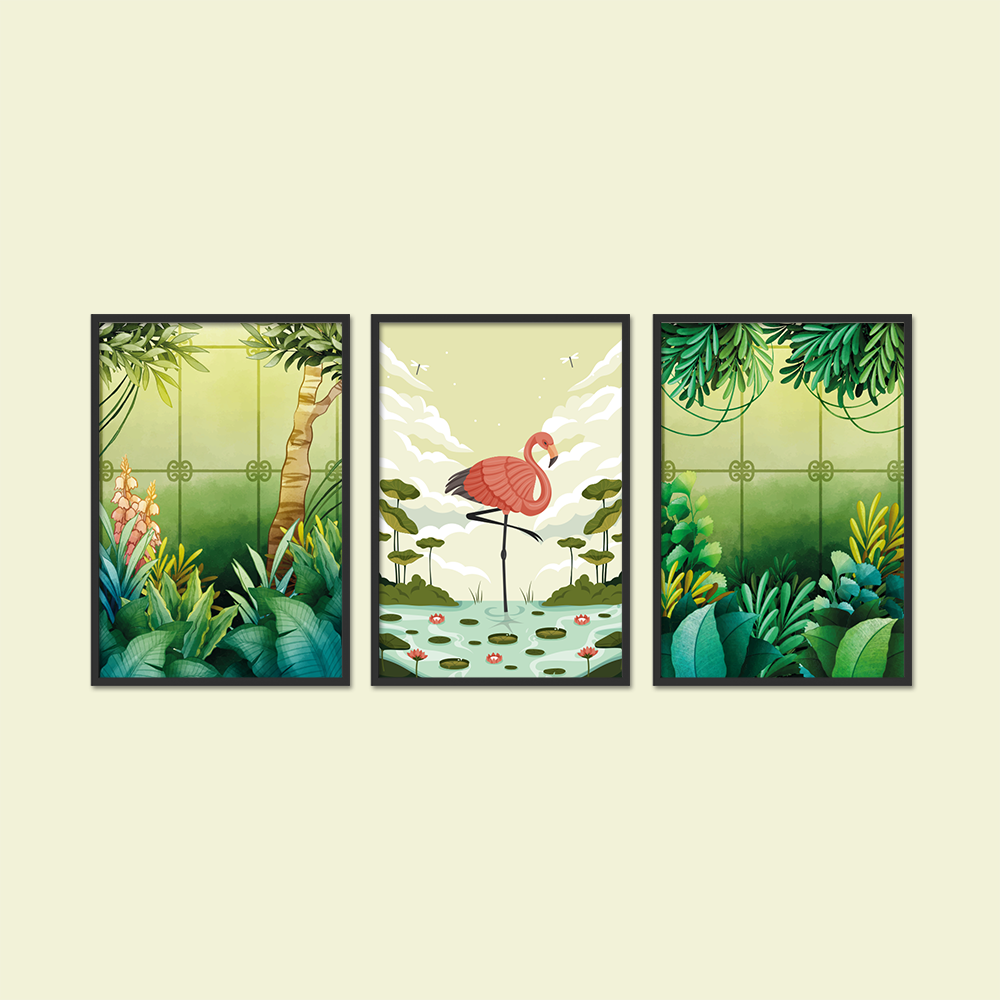 Banyolara Özel - Botanik Bahçesi  - Flamingo Figürlü 3'lü Tablo Seti