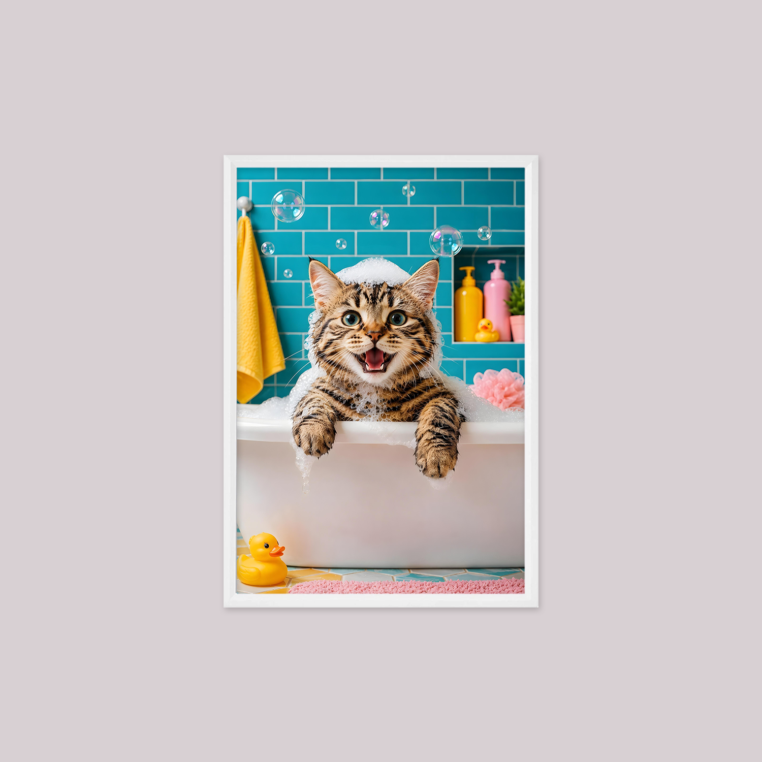 Banyolara Özel - Köpük Keyfi Şirin Kedi - Çerçeveli Banyo Tablosu