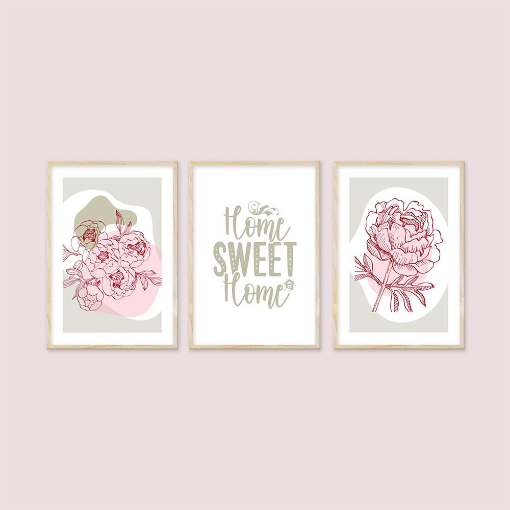 Çiçek Temalı ve Home Sweet Home Yazılı 3'lü Tablo Seti