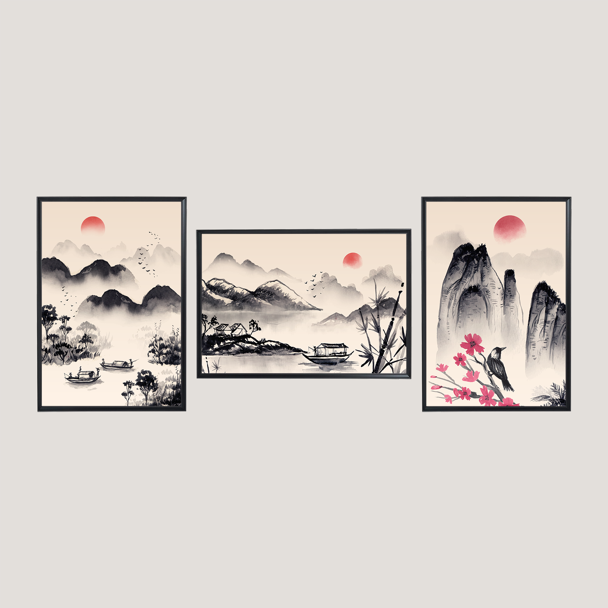 Watercolor Chinese 3'lü Tablo Seti