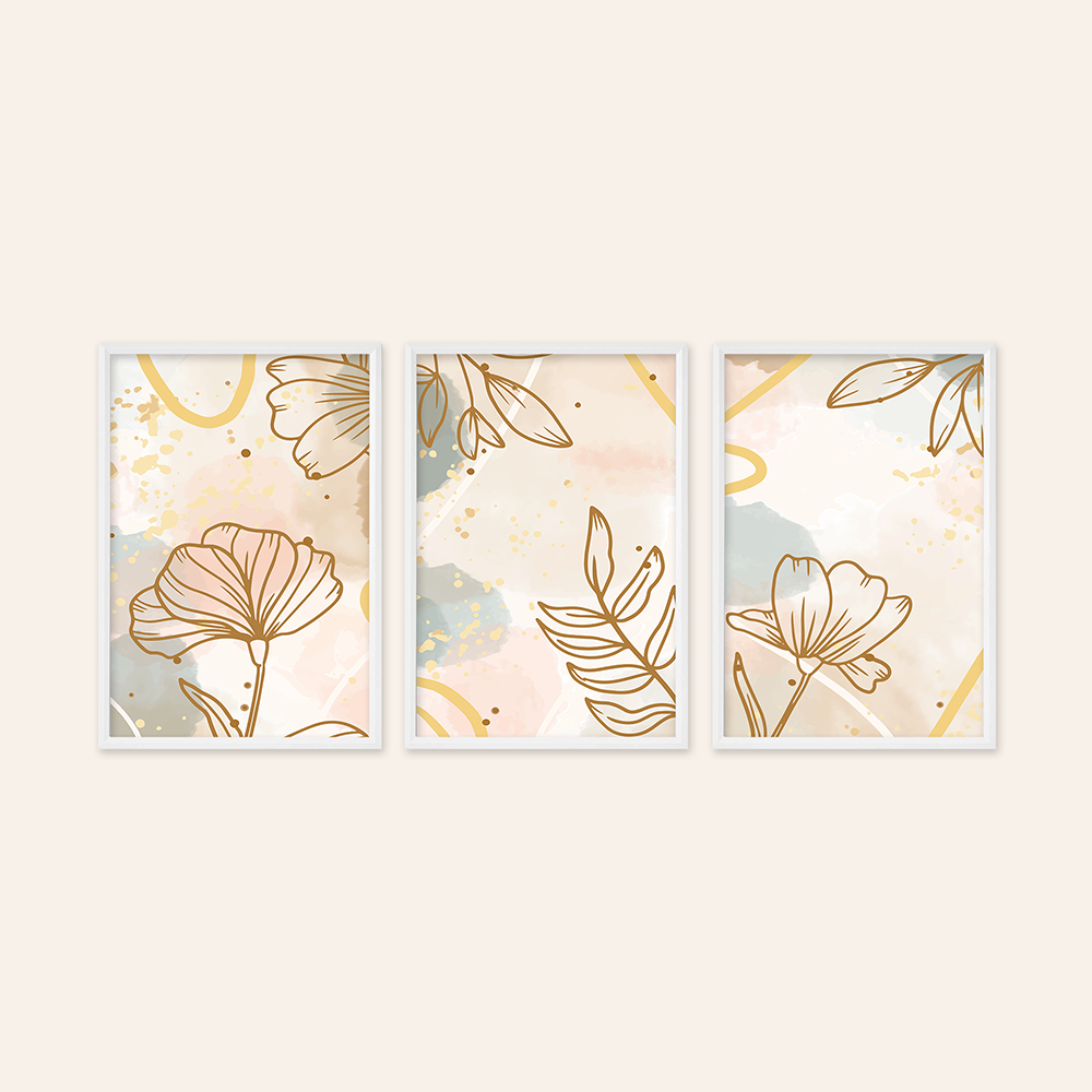 Watercolor Gold Flower 3'lü Tablo Seti