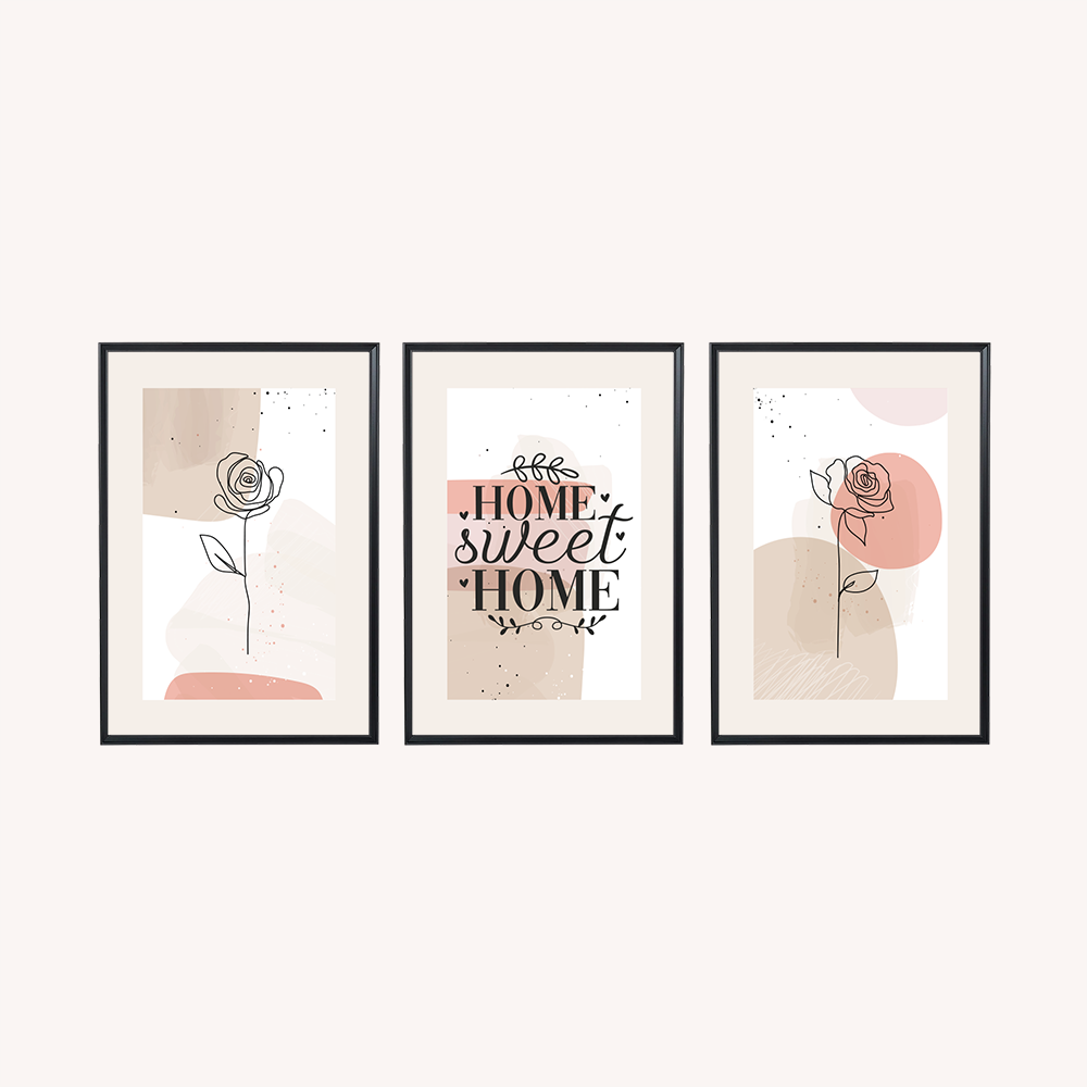 Watercolor Home Sweet Home Yazılı 3'lü Tablo Seti