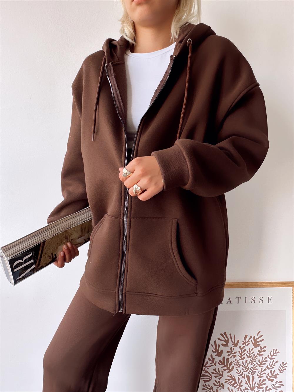 İçi Polarlı Fermuarlı Kapüşonlu Cepli Kadın Kahverengi Oversize Sweatshirt