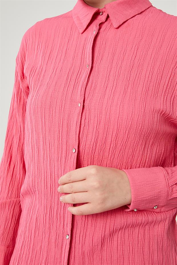 Fuşya Taşlı Düğme Detaylı Gömlek Takım