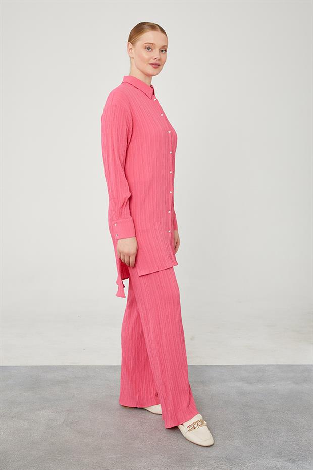 Fuşya Taşlı Düğme Detaylı Gömlek Takım