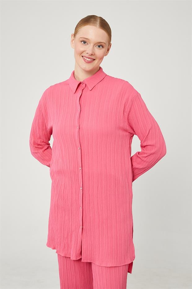 Fuşya Taşlı Düğme Detaylı Gömlek Takım