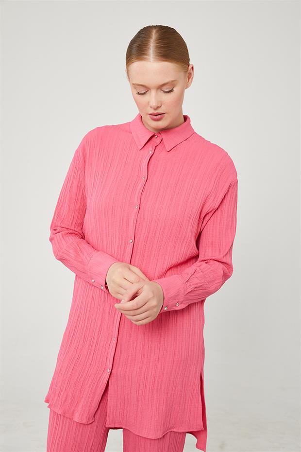 Fuşya Taşlı Düğme Detaylı Gömlek Takım