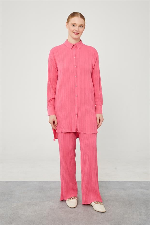 Fuşya Taşlı Düğme Detaylı Gömlek Takım