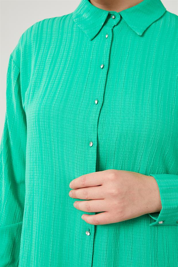 Yeşil Taşlı Düğme Detaylı Gömlek Takım