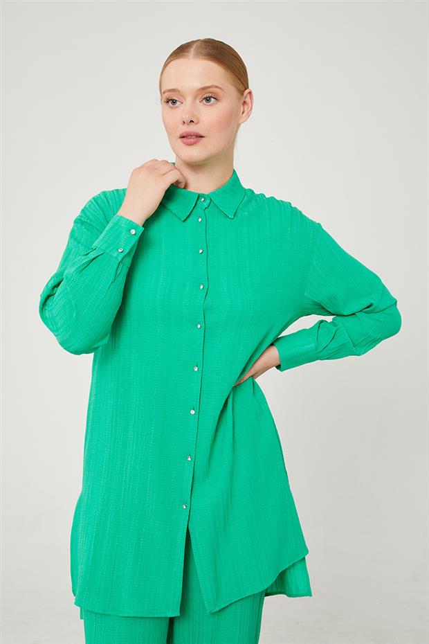 Yeşil Taşlı Düğme Detaylı Gömlek Takım