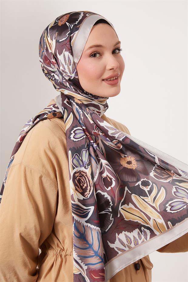 Açık Gri Petunya Desen Hint İpeği Şal