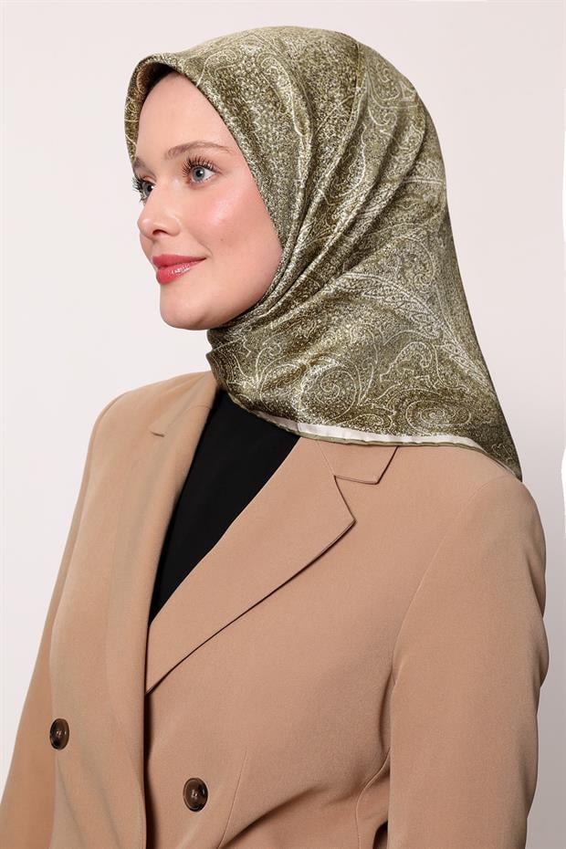 Açık Yeşil Soyut Etnik Desen Twill İpek Eşarp