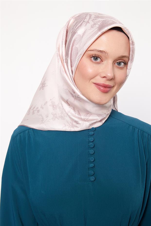 Açık Pudra Soyut Gül Desen Twill İpek Eşarp