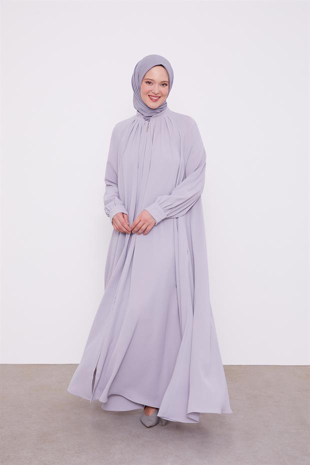 Açık Gri Omuz Büzgülü Ferace