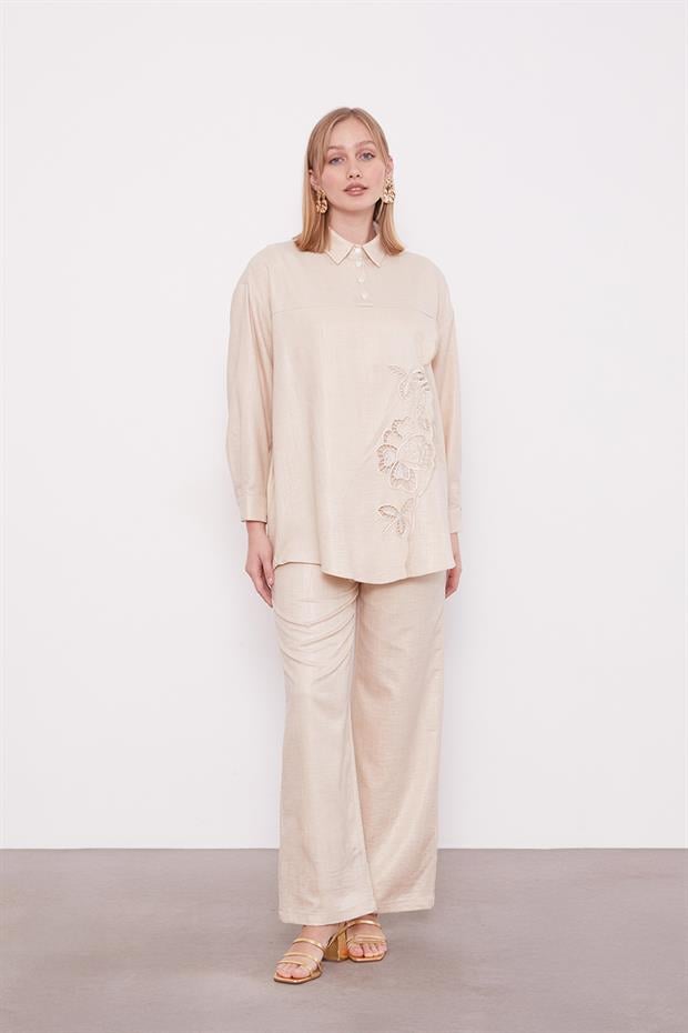Açık Bej Nakış Gül Detaylı Tunik Takım