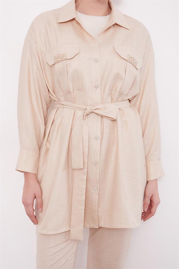 Açık Bej Taşlı Cep Detaylı İkili Takım