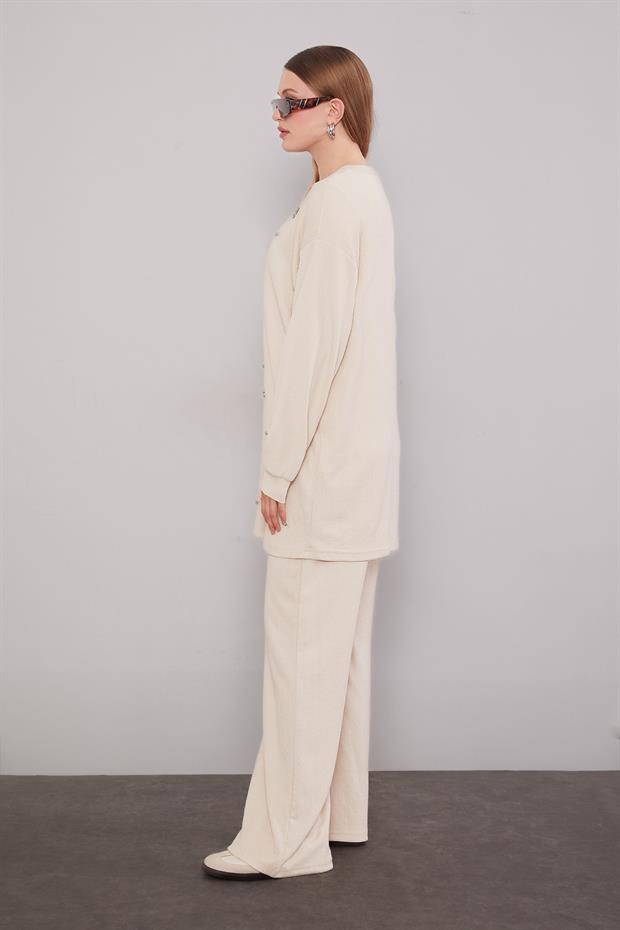 Açık Bej Şerit Taş Detaylı İkili Takım