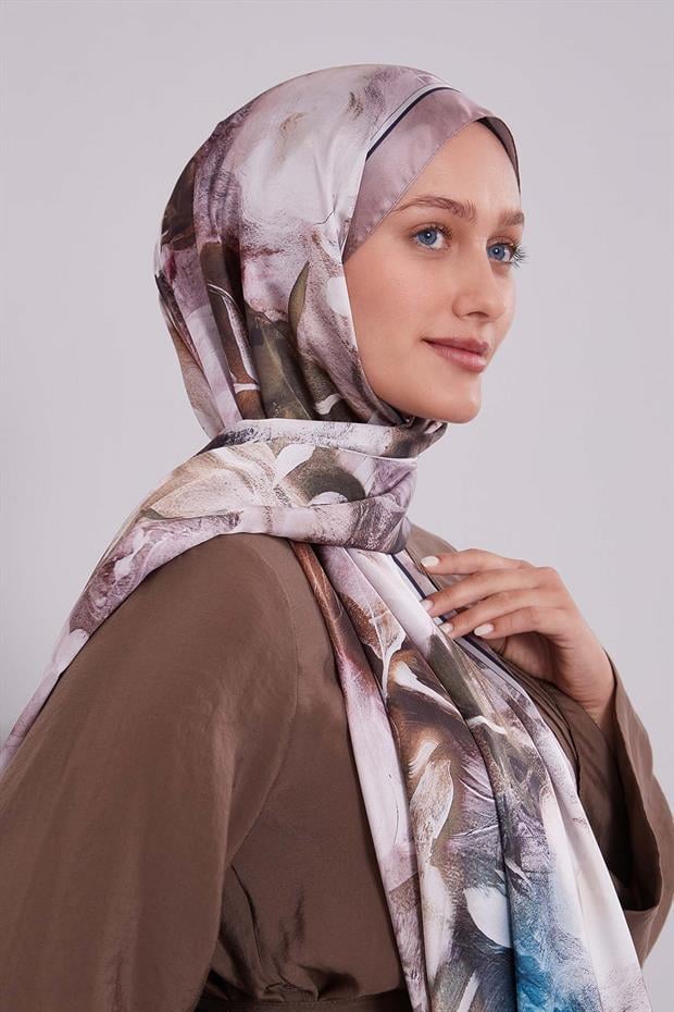 Açık Kahve Karışık Yaprak Desen Hint İpeği Şal