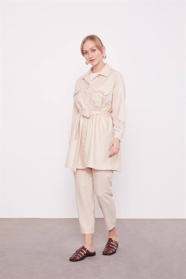 Açık Bej Taşlı Cep Detaylı İkili Takım