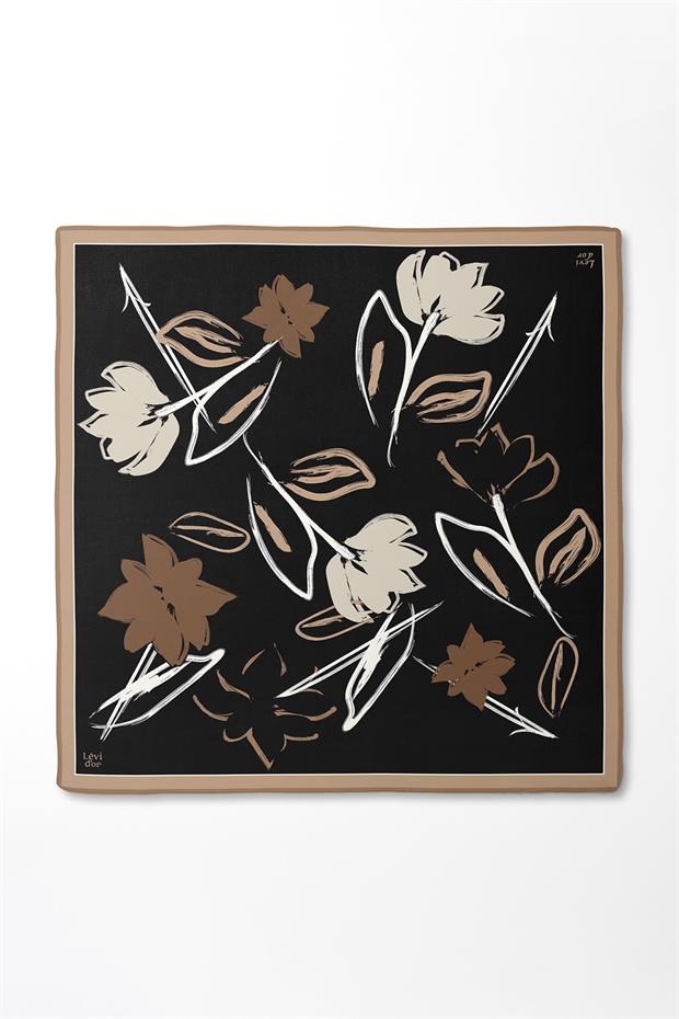 Açık Kahve Çiçek Desen Twill İpek Eşarp