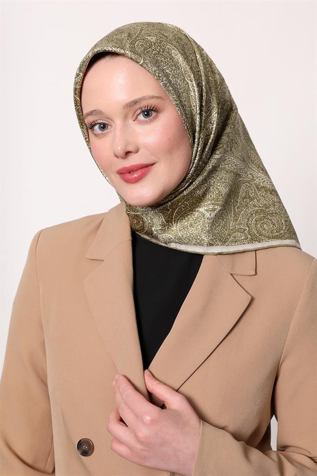 Açık Yeşil Soyut Etnik Desen Twill İpek Eşarp