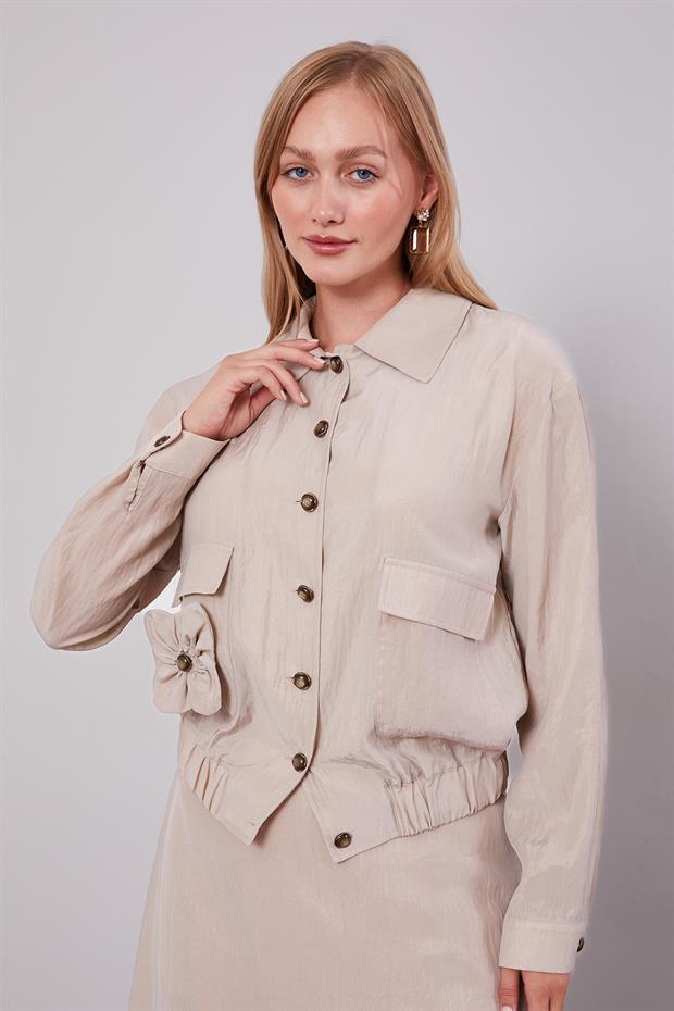 Açık Pudra Gül Detaylı Cupra Etekli Takım