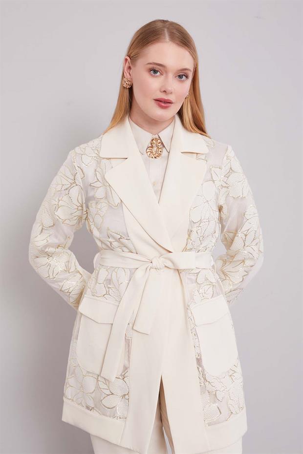 Açık Taş Belden Bağlamalı Güpür Detaylı İkili Takım