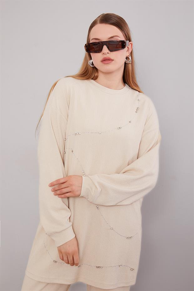 Açık Bej Şerit Taş Detaylı İkili Takım