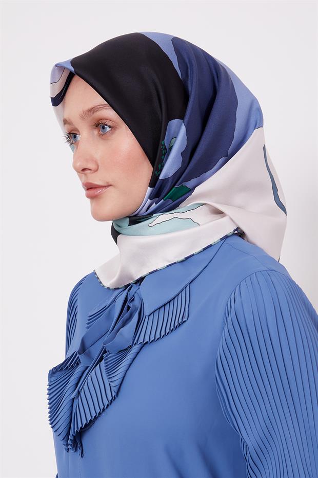 Açık Vizon Çizim Çiçek Desen Twill İpek Eşarp