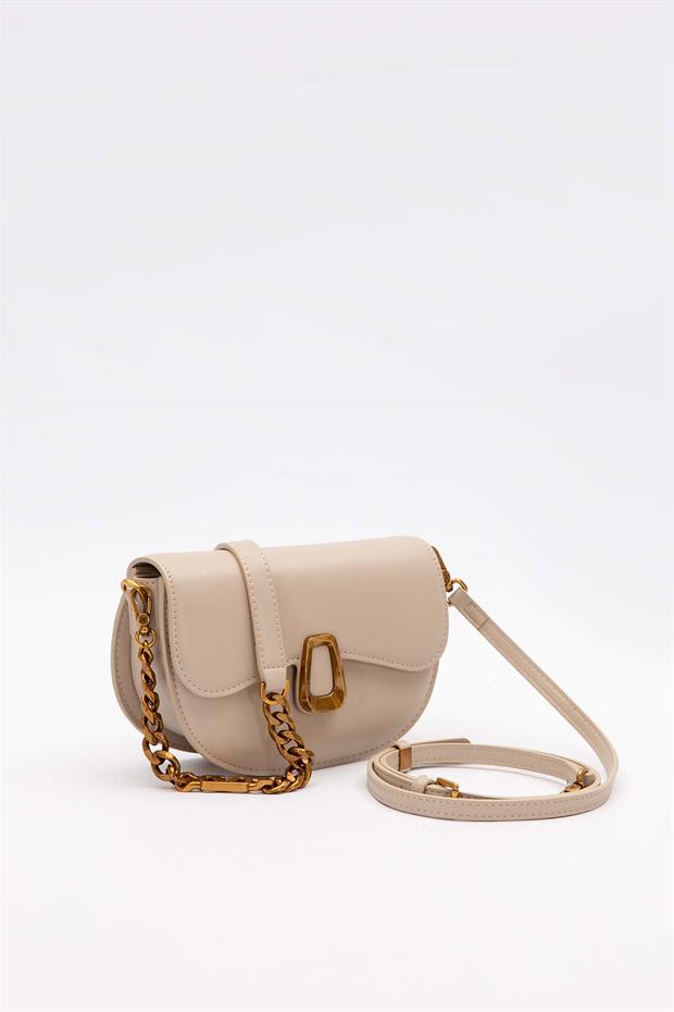 Açık Vizon Oval Zincir Detaylı Omuz Çantası