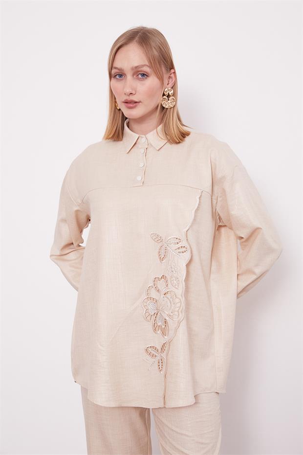 Açık Bej Nakış Gül Detaylı Tunik Takım