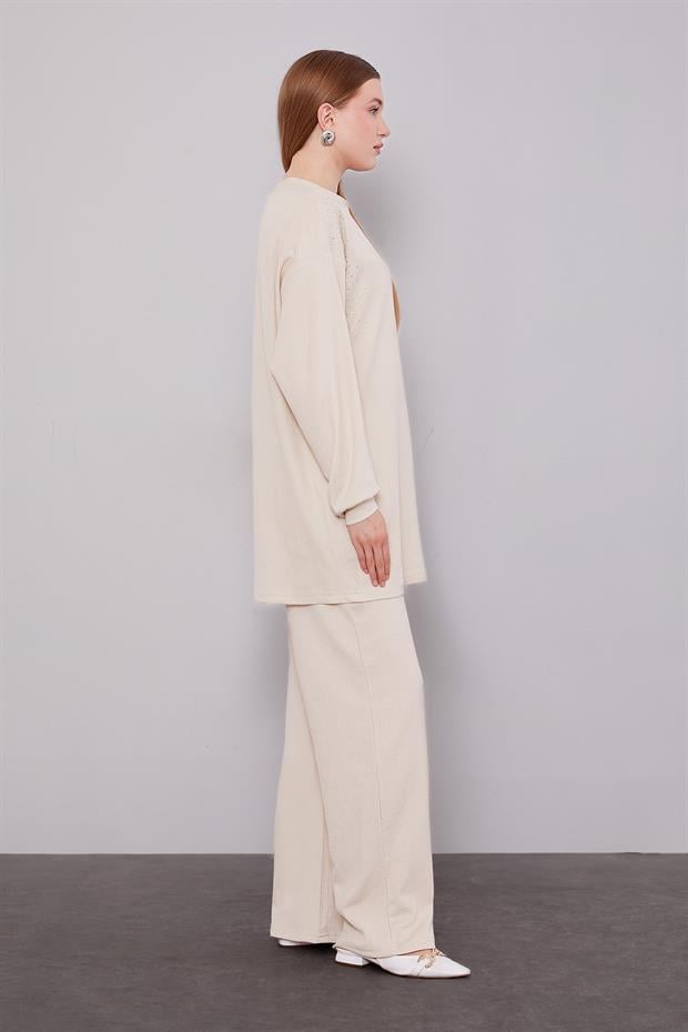 Açık Bej Omzu Taş İşlemeli İkili Takım