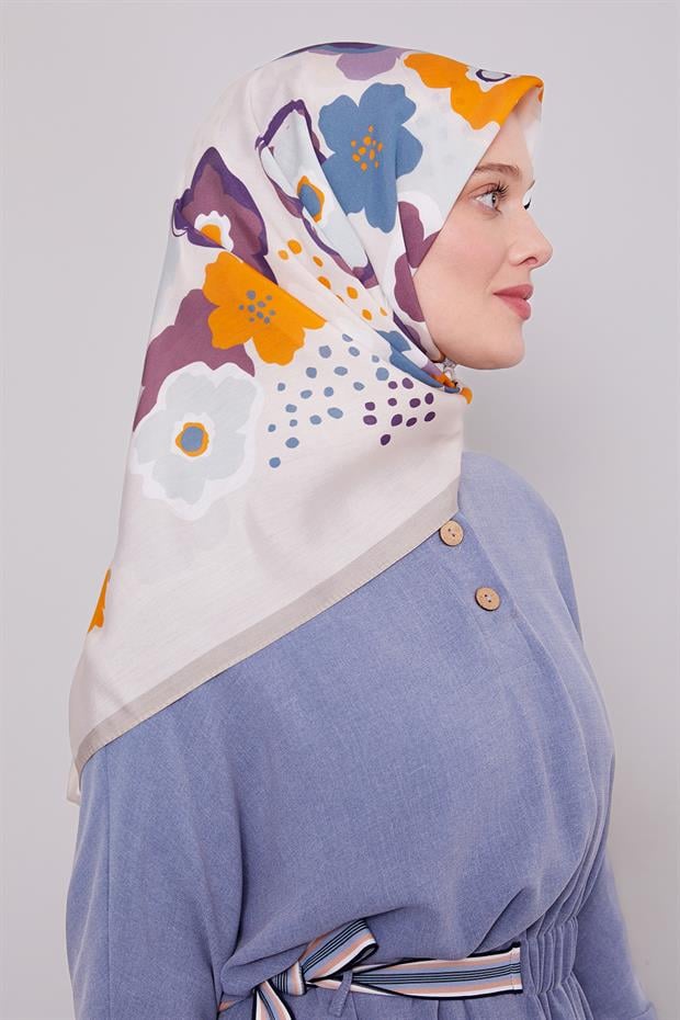 Açık Gri Soyut Çiçek Desen Aura Eşarp