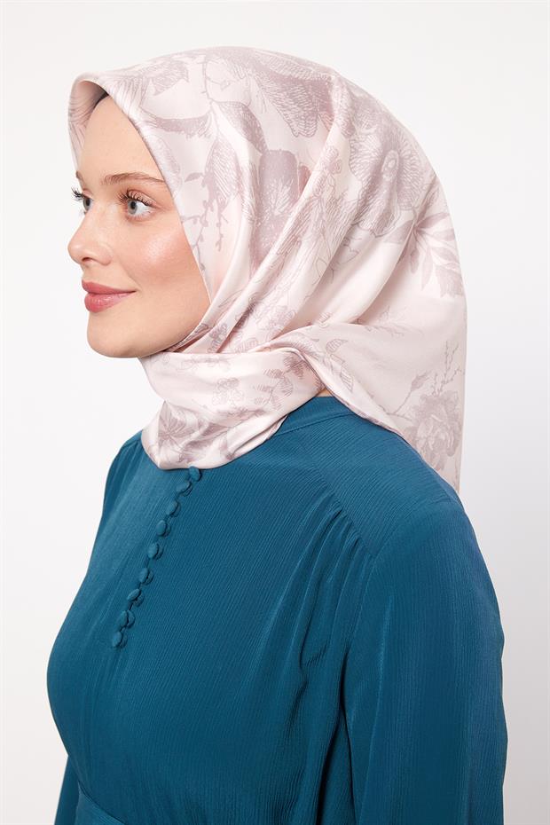 Açık Pudra Soyut Gül Desen Twill İpek Eşarp