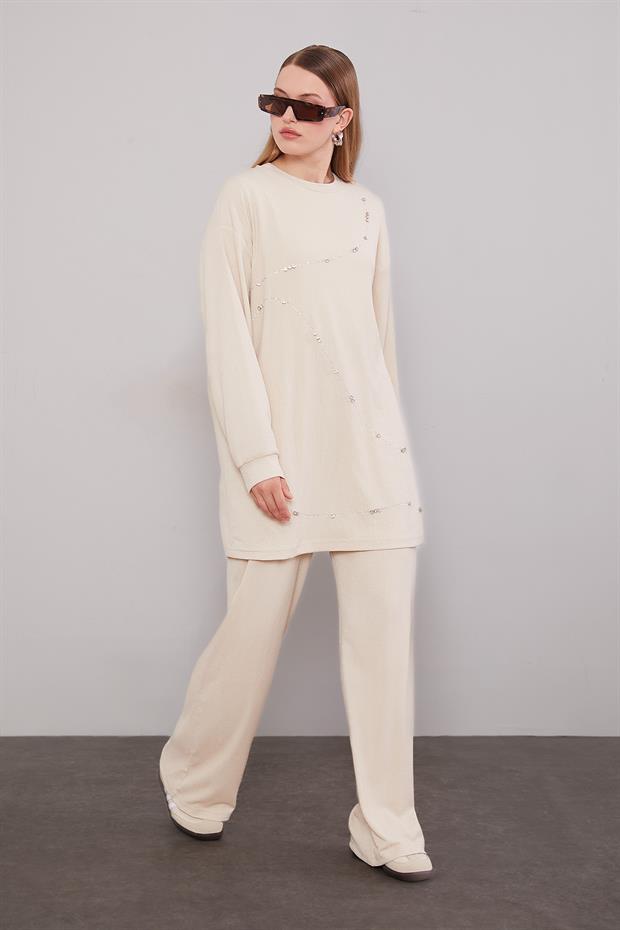 Açık Bej Şerit Taş Detaylı İkili Takım