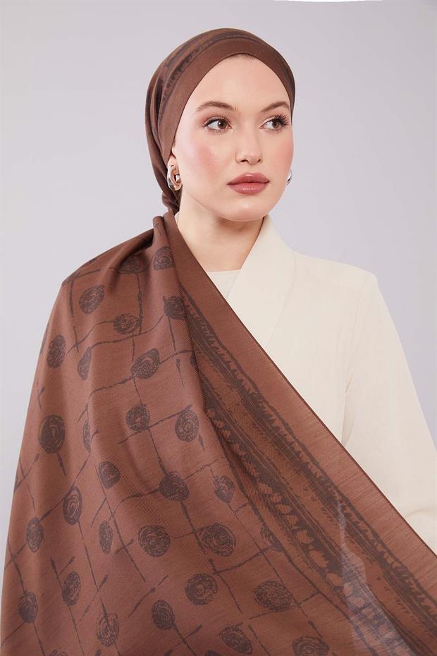 Açık Kahve Yuvarlak Desenli Yün İpek Şal