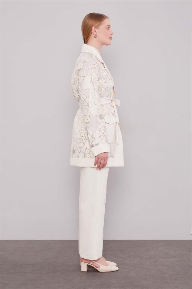 Açık Taş Belden Bağlamalı Güpür Detaylı İkili Takım