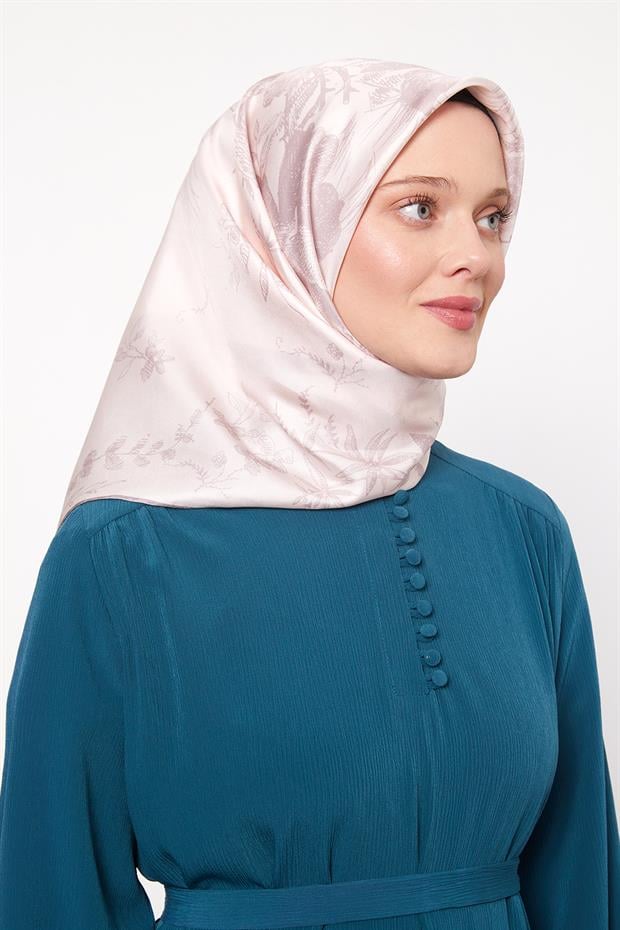 Açık Pudra Soyut Gül Desen Twill İpek Eşarp
